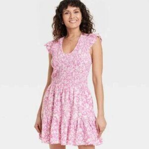 Universal Thread Pink and White Smocked Floral Mini Dress Size XL